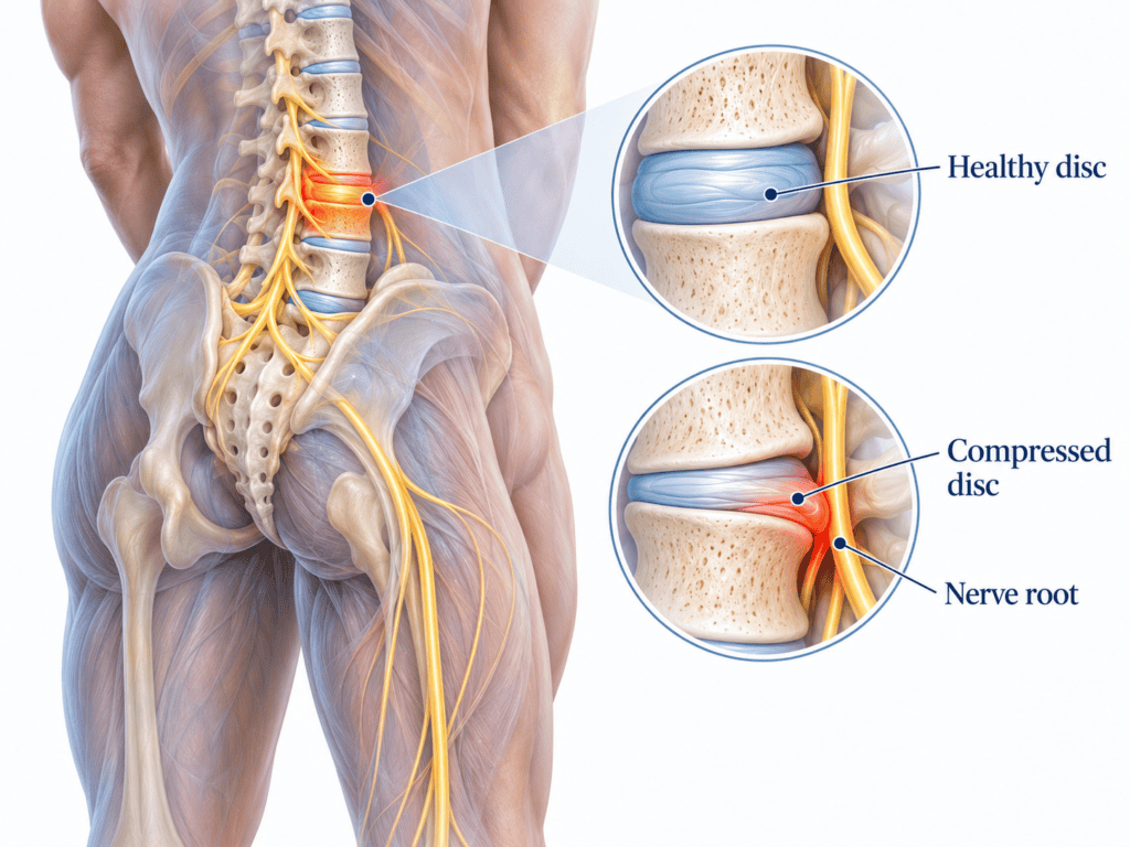 Illustration of the lower back showing the lumbar spine and the area where back pain is typically felt