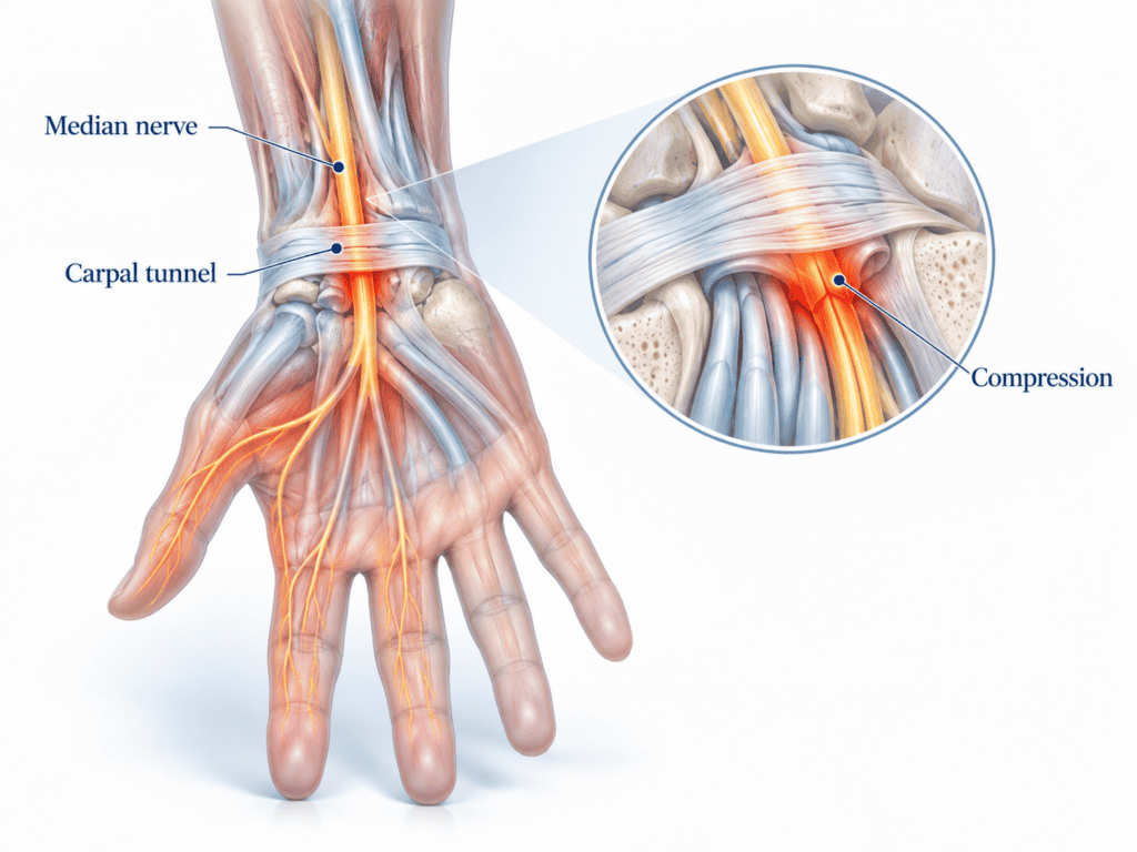 Illustration of the carpal tunnel in the wrist showing compression of the median nerve