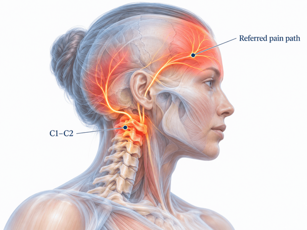 Illustration of the pathway from the upper cervical nerves to the areas of the head where headache pain is felt