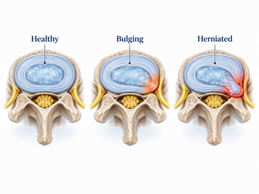 Comparison illustration of a healthy spinal disc, a bulging disc and a herniated disc