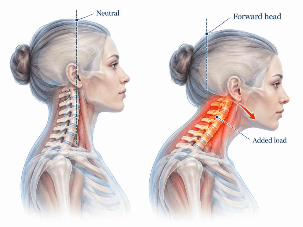 Illustration comparing neutral head posture with forward head posture and the load it places on the neck